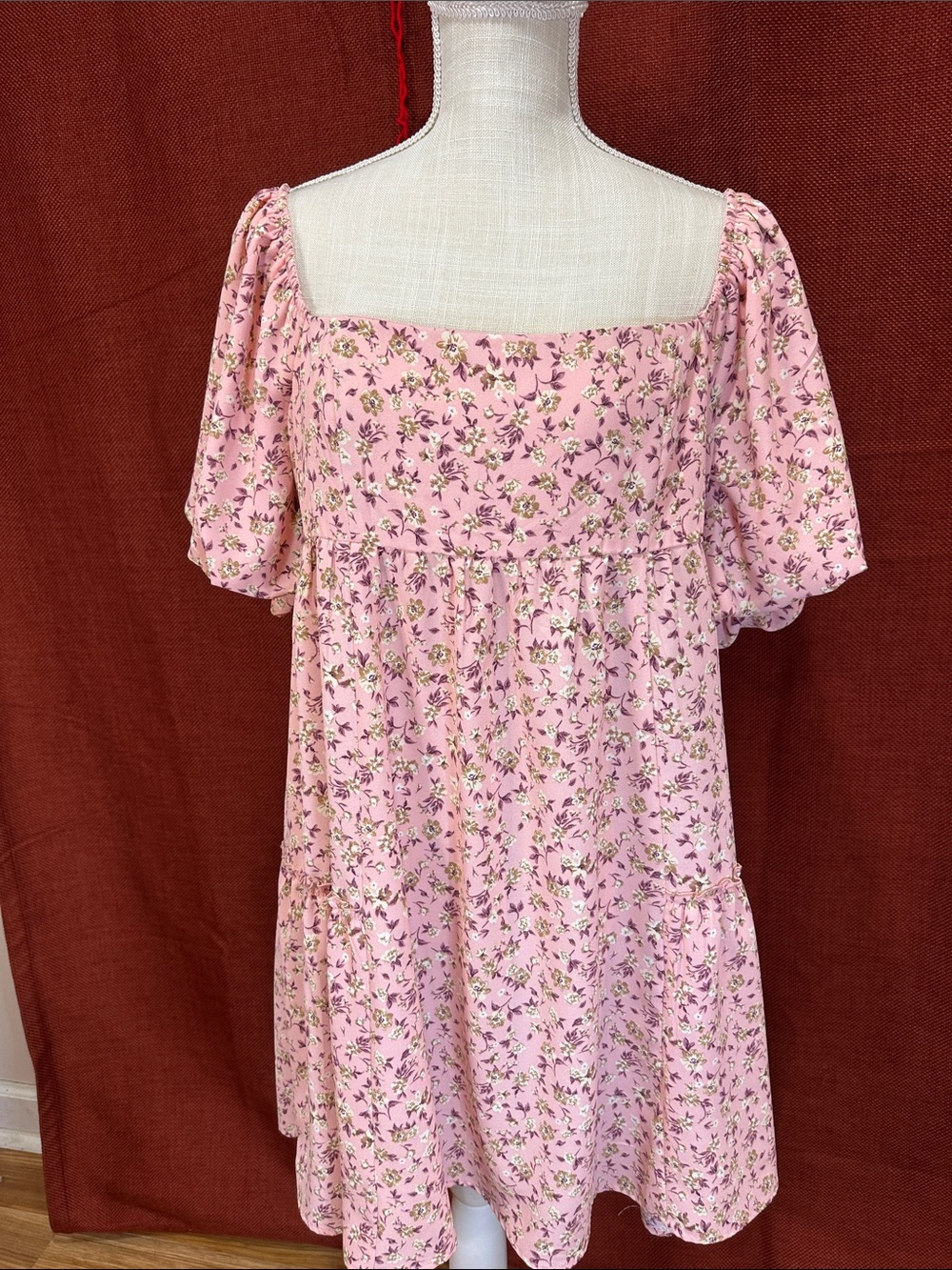 Pink Floral Square-Neck Casual Tiered Dress